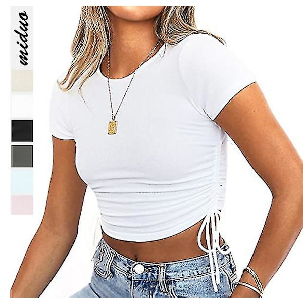 Naisten pyöreäkauluksiset lyhythihaiset kiristysnyörisivuiset slim fit -joustavat crop topit