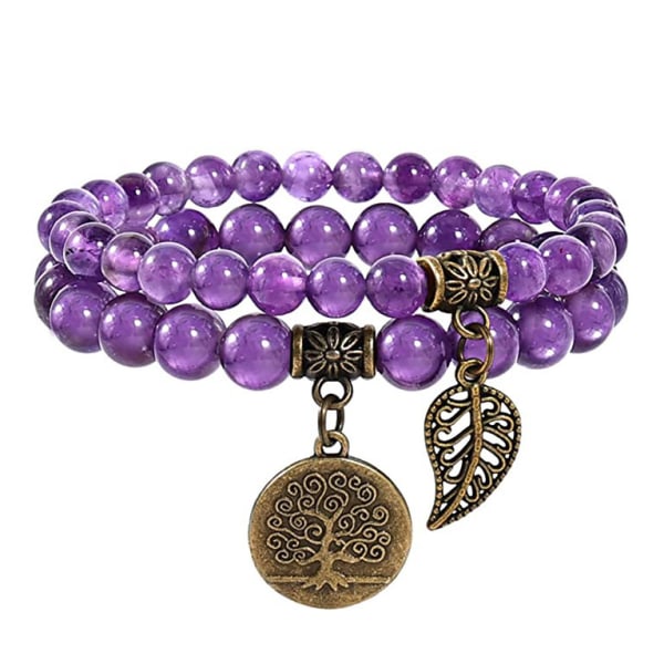 Naturligt Halvädelsten pärlor armband för kvinnor - Tree of Life and Leaf Charm Energy Healing Reiki Crystal Stretch Armband