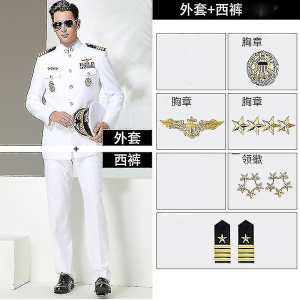 Amerika Hvid Sømand Uniform Sæt Mænd Bryllup Årsmøde Aften Hat Kappe Bukser Og Tilbehør Navy Guard Sikkerhed Arbejdstøj