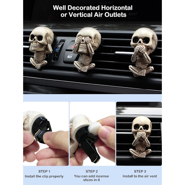 (3-pack) Skull Car Air Freshener Vent Clips Diffusers, Skeleton Decor Car Aromatherapy Diffuser, Goth Skull Car Accessories