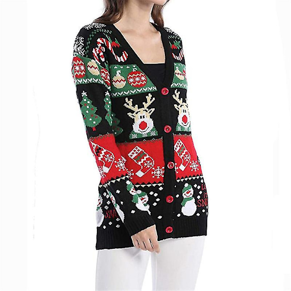 Juletrøje til kvinder Åben Front Leopard Strikket Cardigan Trøjer Lommer Langærmet Overtøj