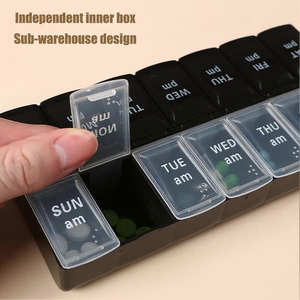 Pill Organizer with Letters Double Rows 14 Compartments Independent Lid Seal Moisture-proof 7 Days Weekly Pill Box Home Accessories