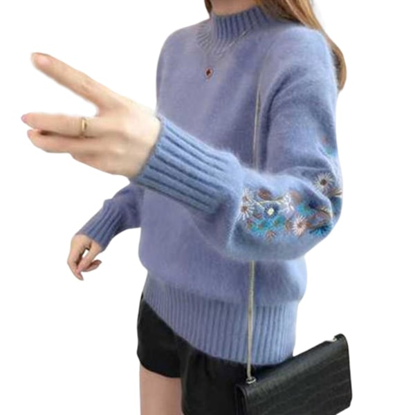 Kvinder Halv Turtleneck Trøjer Strikkede Blomsterbroderier Tyk Langærmet Uldagtig Top Efterår Vinter Mode Tøj Blå