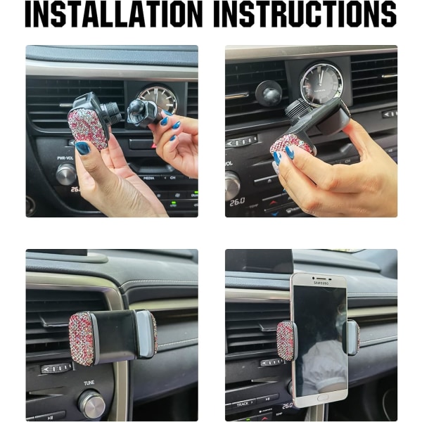 Universal Bling-mobilhållare, 360° justerbart biltelefonfäste med ytterligare en luftventilbas, inredning i kristall för bil (rosa och vit)