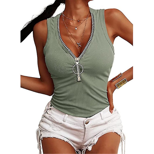Kvinnors Enfärgad Ärmlös Ribbad T-shirt med Dragkedja V-ringad Väst Sommar Casual Slank Tank Top Light Green L