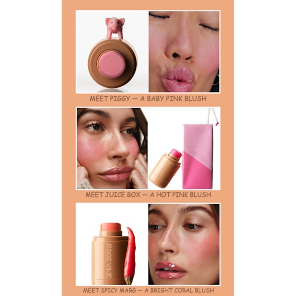 PAGE VINE lomme rouge stick 6 farger leppe og kinn vannlys stick highlighter lyser opp naturlig vannlys hud 01-Piggy