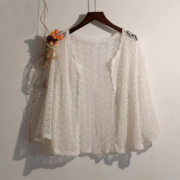 Sommar Flare Långärmad Stickad Cardigan för Kvinnor, Hålbroderad, Mesh, Öppen Fram, Kort, Tunn, Lätt, Lös, Strandtröja, Överdel Apricot