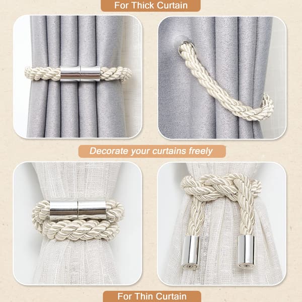 2-pack Strong Magnetic Curtain Tiebacks, Convenient Decorative Braided Rope Curtain Holders for Thin or Thick Curtains (Beige)
