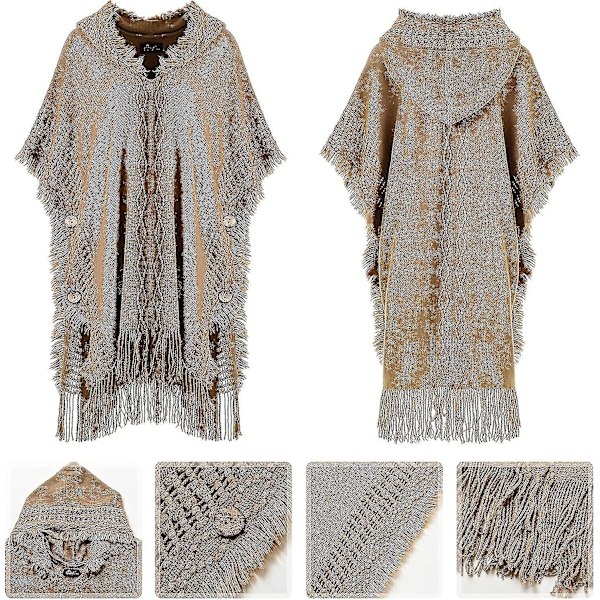 Ponchotröja för kvinnor Mysig stickad lättviktskappa med huva Khaki