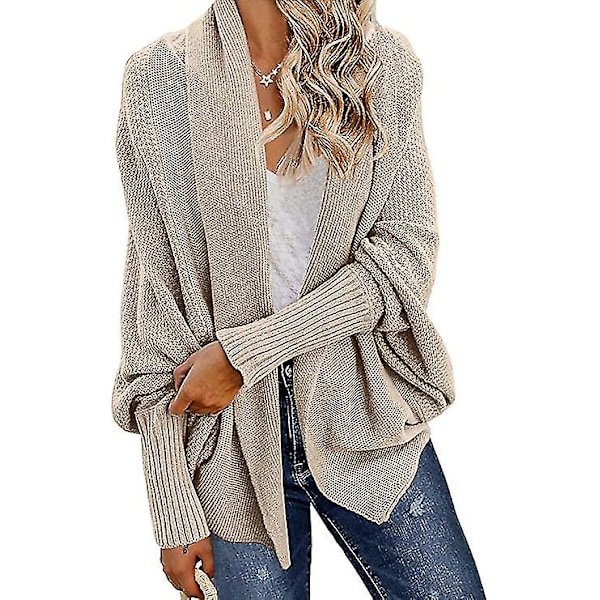 Kimono Batwing Kabel Åben Front Strikket Slasket Oversized Wrap Cardigan Sweater Yderbeklædning Frakke til Kvinder khaki M