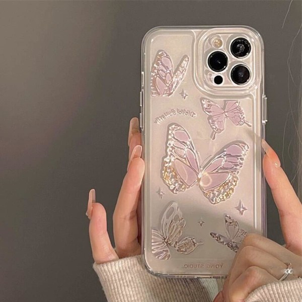 Klar lila fjäril Söt transparent phone case för iPhone 15 Pro case Cover Stötsäkra fodral