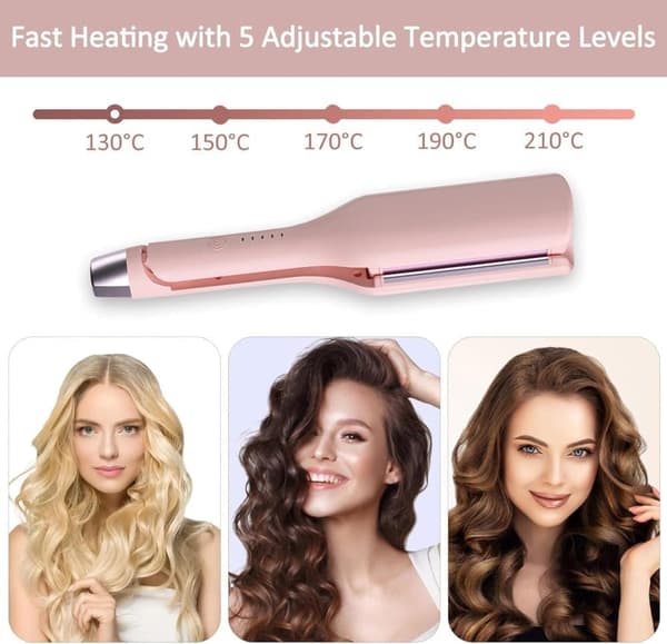Electric Ceramic Curling Iron 32 mm – 5 Temperature Settings, Fast Heating Wave Iron Pink pink