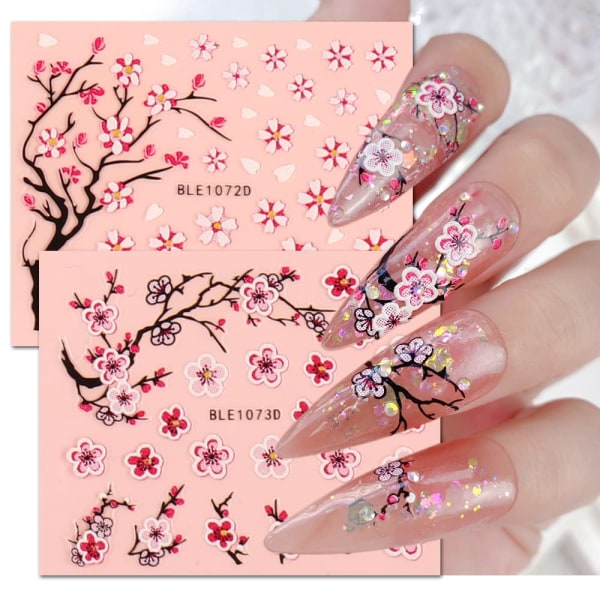 Blomma Nail Art Stickers Rosa Körsbärsblommor Nageldekor 3D Vår Sommar Nail art Röd Rosa Blå Gul