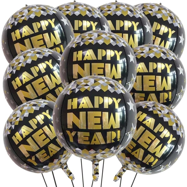 55,88 cm Gott Nytt År Mylar-ballonger, 10 stora 4D-gigantiska runda folieballonger Metalliska ballonger, lämpliga för gott nytt år dekoration 2024