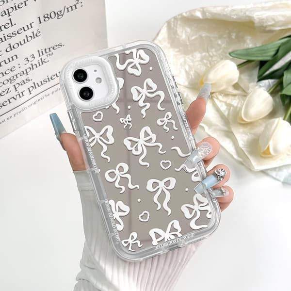 Compatible with iPhone 12/12 Pro Case Cute Mirror Bow Love Heart Pattern for Girls Strap Design Shockproof Protective Phone Case-Happy iPhone 12/12 Pro