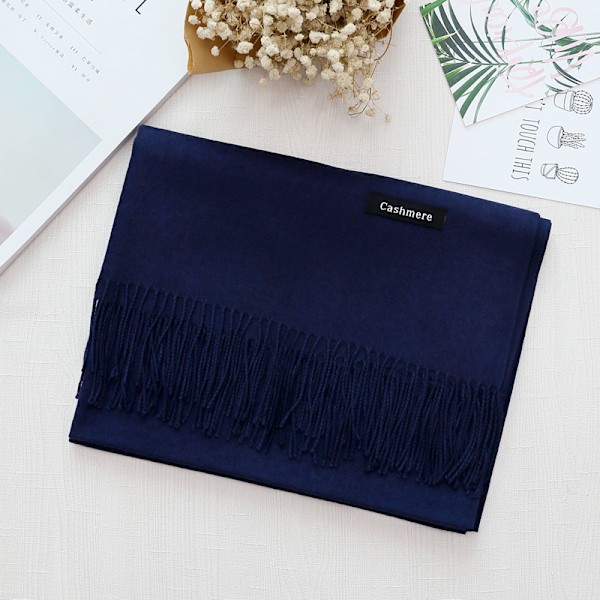 Cashmere Sjal Uld Shawl Ensfarvet Faux Cashmere Varmt Sjal Marineblå Tassel Sjal Til Kvinder Til Kvinder Navy blue 70*200cm