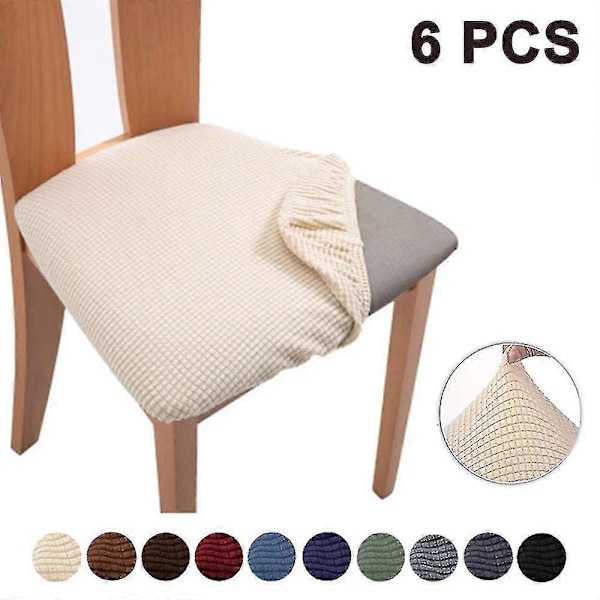 6 stk. Stretch Jacquard Stoltrekk, Avtakbart Stolsete Beige