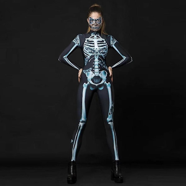 Halloween Skelett Skalle 3D Catsuit Jumpsuit Kvinnor Cosplay Bodysuit Festklänning, 100% Ny XS