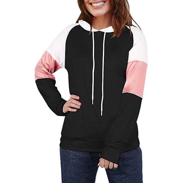 Dame Color Block Hættetrøjer Sweatshirts Langærmet Sweatshirt Pullover Black *L