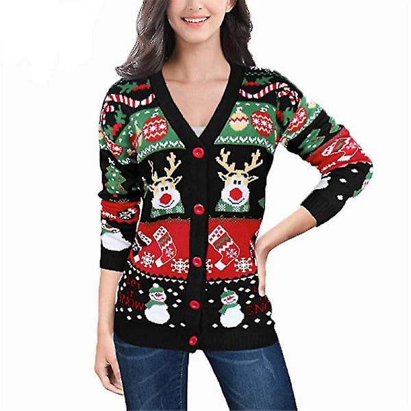 Juletrøje til kvinder Åben Front Leopard Strikket Cardigan Trøjer Lommer Langærmet Overtøj