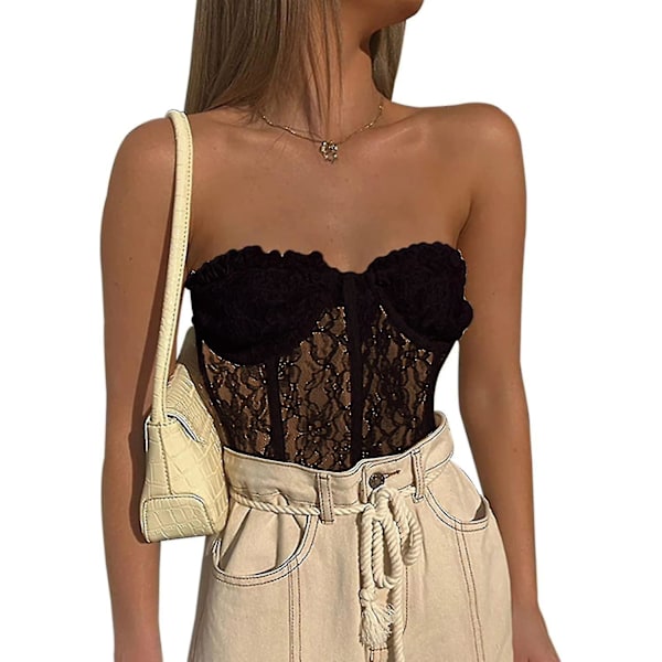 Kvinders sexede blondeblomstrede korset Top Patchwork Korset Sheer Mesh Beskåret linnedskjorte M