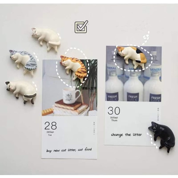 6 söta katter kylskåpsmagneter, liggande knubbig kattunge kylskåpsmagneter, Mini Kawaii dekorativa magneter för hemkök kontor klass