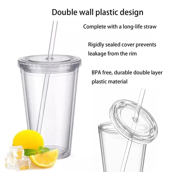 Reusable Plastic Cups Double Wall Transparent Drinking Cup With Straw Reusable Cups Suitable For Fruit Juice