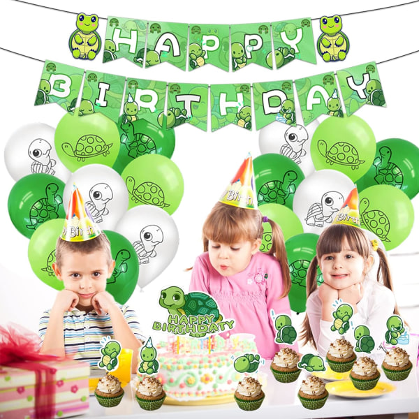 Turtle Baby Party Supplies Set med Grattis på födelsedagen banner, Turtle Balloons, Turtle Cake Topper, Turtle Cupcake Toppers, Ocean Sea Life Theme