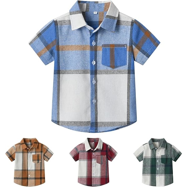 Drenge Kortærmet Ternet Skjorte Børneskjorter Med Knapper Ternede Sommerklæder Til 1-8 År Light Blue 1-2Y