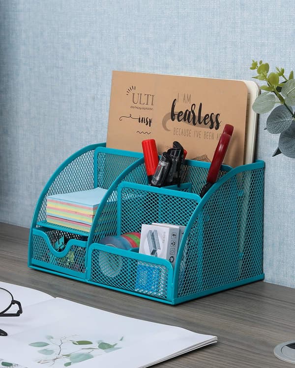 Office Mesh Desk Organizer Versatile Desktop Storage Desk Organizer Pen Holder with Drawer, Turquoise