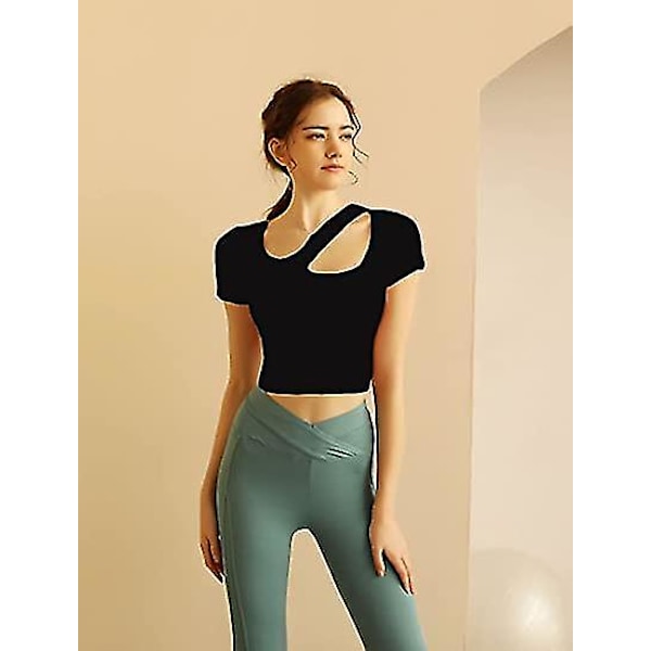 Trenings T-skjorte Dame Atletisk Yoga Kort Erm Fitness Tettsittende Tee Cropped Tanktopper Svart S