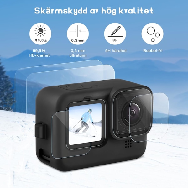 Silikonikotelo ja näytönsuojasarja GoPro Hero 12/11/10/9 mustalle, sisältää silikonikotelon, 6 karkaistua lasista näytönsuojaa ja 2 linssinsuojaa