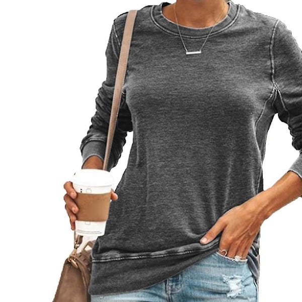 Dam T-shirt med Rund Hals, Långärmad, Lös, Casual Gray L