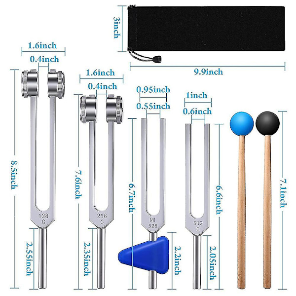 4-pack stämgaffelset (128 Hz, 256 Hz, 512 Hz, 528 Hz) med stämgaffelhammare för ljudvibration