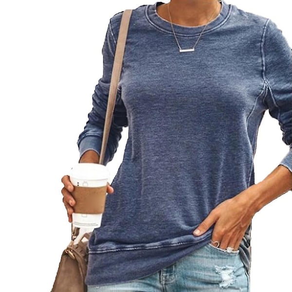 Dam T-shirt med Rund Hals, Långärmad, Lös, Casual Black L