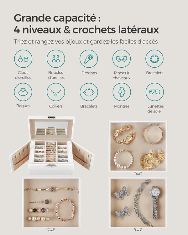 4-Tier Jewelry Box, Accessory Box, Chest, with Handle, 3 Drawers, Cloud White Finish, Sand Beige Lining