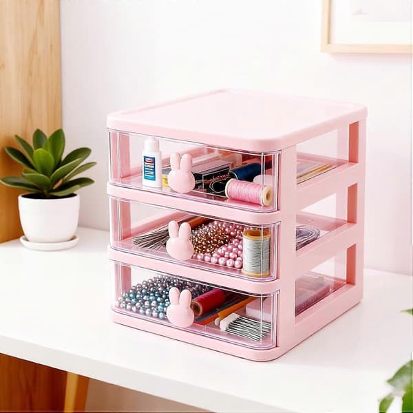 Cute Bunny Desk Drawer Organizer - Transparent Storage Box for Desks, Dorms, and Cosmetics