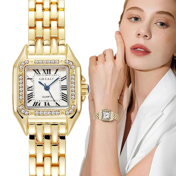 Kvinnors Mode Kvadratiska Klockor Guld Legering Armband 2024 Lyxiga Damklockor Kvarts Klocka Kvaliteter Romerska Skala Klocka Decoration 1 gold