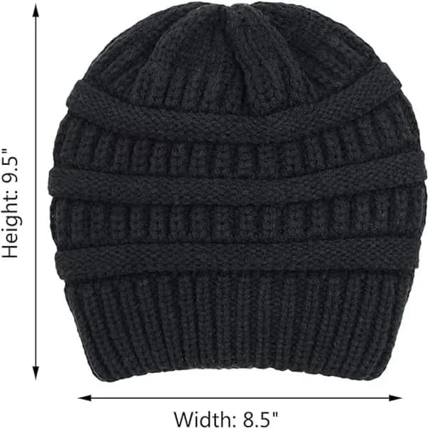 Warm Knitted Winter Hat with Satin Lining, Cable Knit Beanie, Thick Slouchy Hat for Women, Black