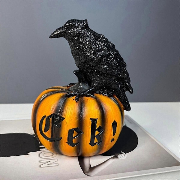 Halloween Kråke Gresskar Figur Svart Ravn Gresskar Resin Statue Skulptur Hjem Skrivebordsdekorasjon