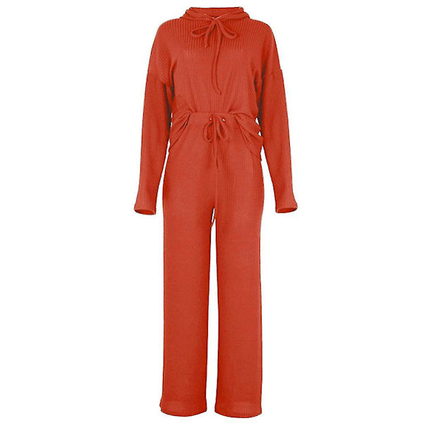 Dam Ribbad Stickad 2-delad Pyjamas Dragkedja Huva Topp Vida Ben Byxor Loungewear