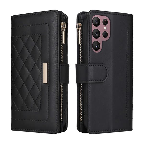 Læderpung-etui med lynlås til Samsung Galaxy S22 Ultra 5G Black