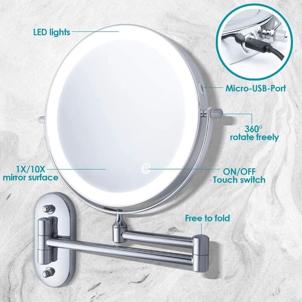 Wall-mounted makeup mirror, wall-mounted illuminated magnifying mirror, 1X/10X double-sided wall mirror, 360° swivel extension mirror, built-in lithium battery