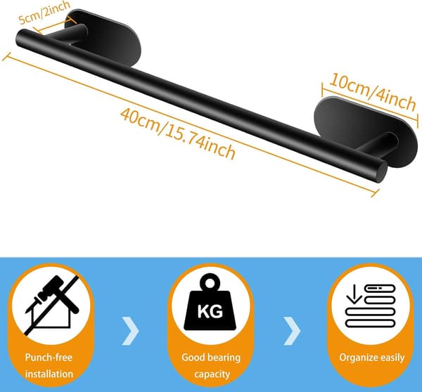 Wall Mounted Towel Bar, 40cm Self-Adhesive Towel Rail, Suction Cup