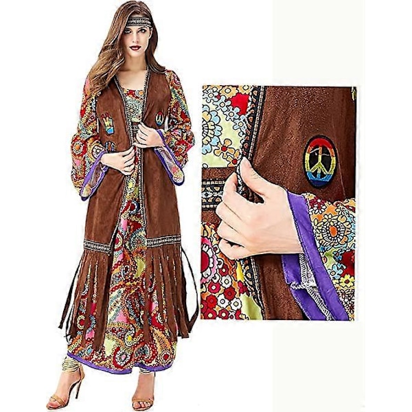 60-talets 70-talets Hippie Kostym Set med Hippie Tillbehör, Retro Hippie Kläder S