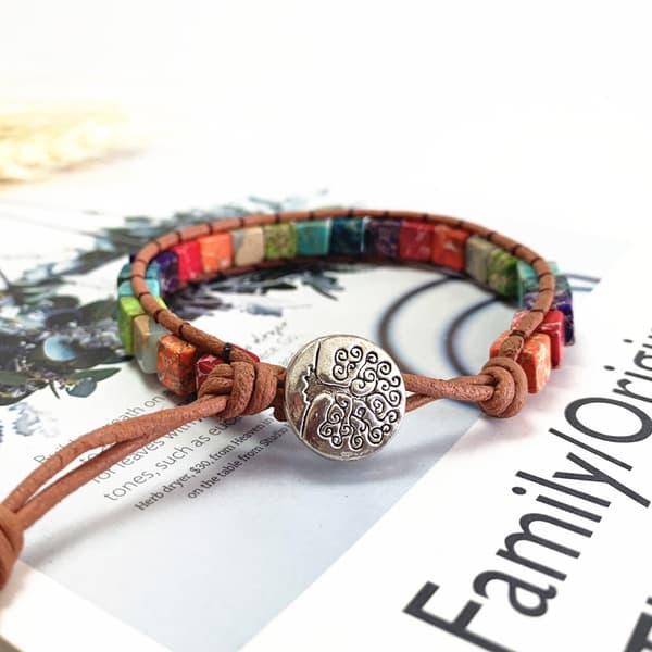 Chakra-armband med äkta ädelstenar, läder, boho, läkande yoga