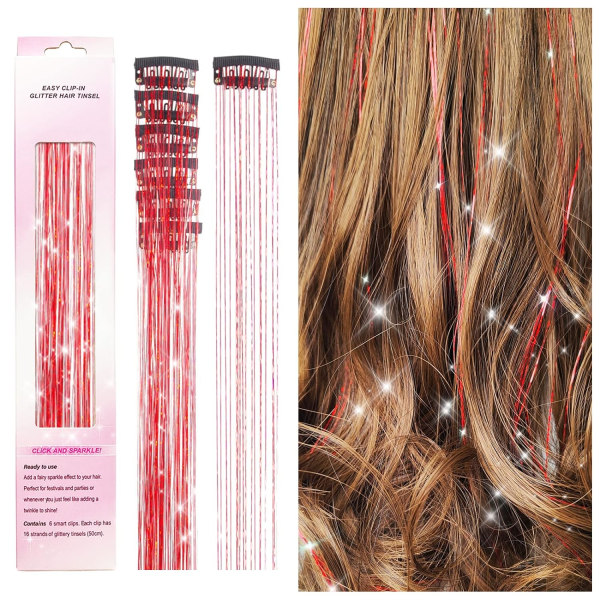 Clip in Hair Tinsel Kit, paket med 6 st Glitter Fairy Tinsel Hair Extensions 20 tums glänsande hår glitter Värmebeständig (röd) Röd Brun 44
