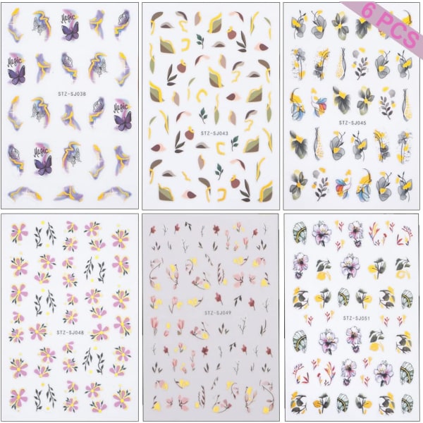 6 ST Blommor Nail Art Stickers Dekaler Marmor Design Stickers Självhäftande Dekaler Blommor Fjäril Akvarell Nageldekaler Dekoration