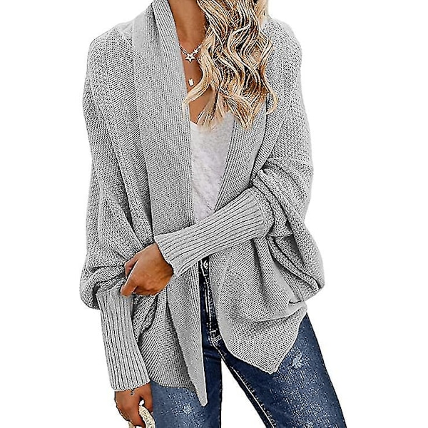 Kimono Batwing Kabel Åben Front Strikket Slasket Oversized Wrap Cardigan Sweater Yderbeklædning Frakke til Kvinder grey S