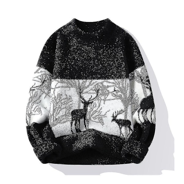 Julesok med elg til kvinder og mænd, strikket sweater, varm vinterjumper, afslappet julepullover XL